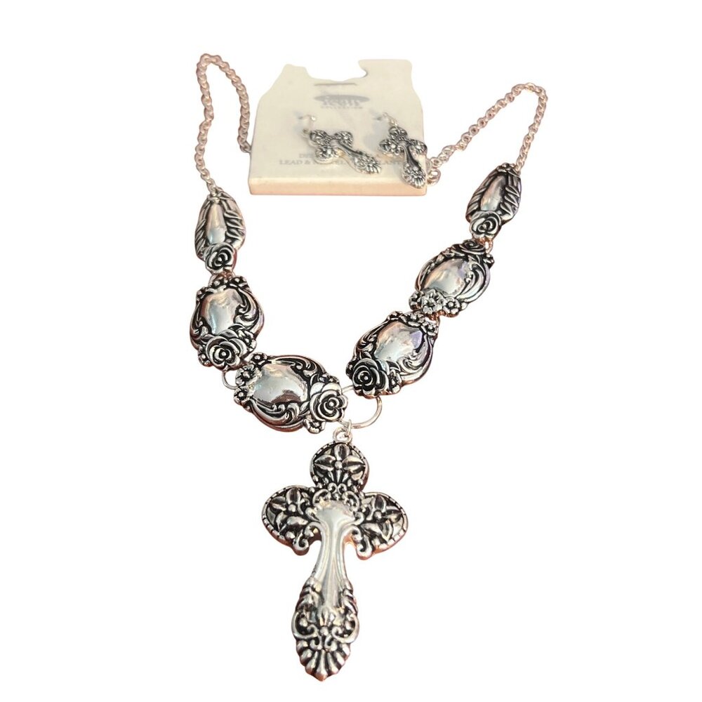 Icon Collection Silver Cross Necklace Earring Set Lead Nickel Safe New on Card